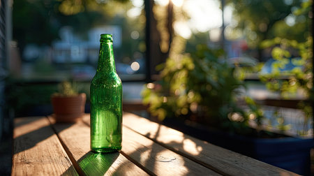 A green beer bottle resting on a wooden table, with the sunlight casting soft reflections on the glass, in an outdoor dining settingの素材
