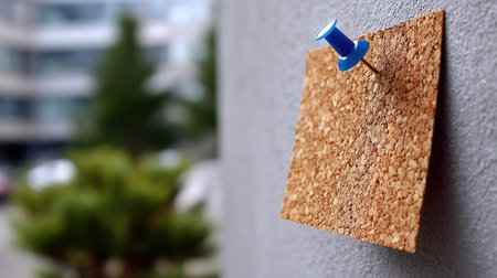 Close-up detail of a blank square note attached to cork with a bright blue pin, highlighting textureの素材
