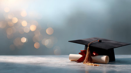 A graduation cap with a diploma in front of a soft, glowing background, creating an elegant and professional look for a graduation-related themeの素材
