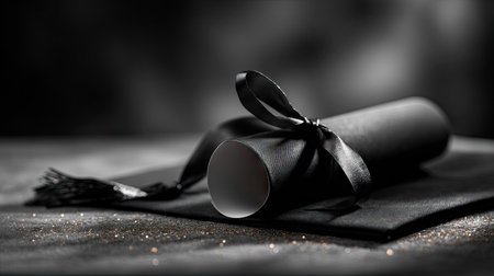 A graduation cap with a rolled diploma tied with a ribbon, placed on a dark background with soft lighting to create a dramatic, elegant shotの素材