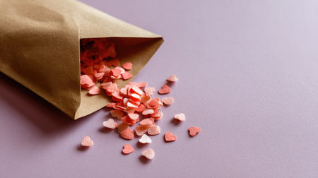 A handful of small pink paper hearts spilling from a kraft envelope on a pastel background, representing a love letter or messageの素材