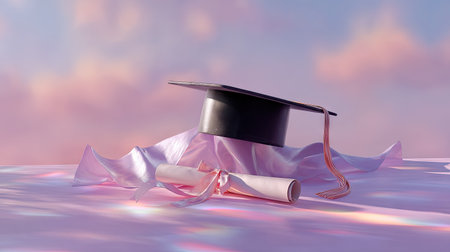 A graduation cap with a diploma tied with ribbon, set against a pastel-colored background, evoking a light and celebratory moodの素材