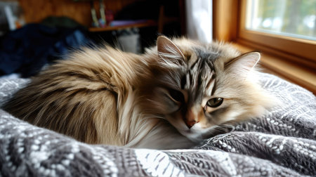 A long-haired cat with silky fur, curled up contently in a cozy corner of the room, exuding calm and comfortの素材