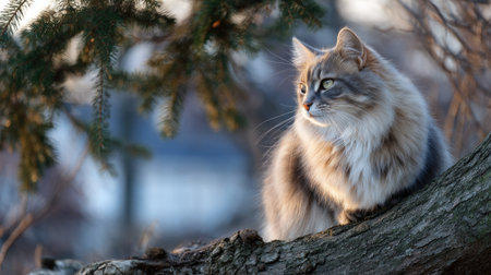 A long-haired cat with soft fur perched on a tree branch, looking elegant and graceful in the outdoor settingの素材