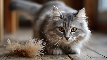 A long-haired cat with ultra-soft fur playfully chasing a feather toy, looking full of energy and joyの素材