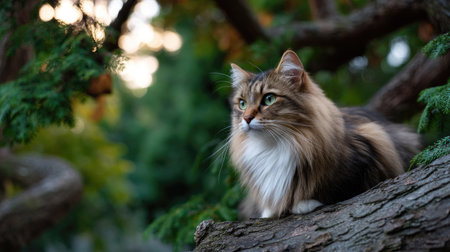 A long-haired cat with soft fur perched on a tree branch, looking elegant and graceful in the outdoor settingの素材