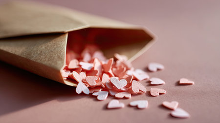 A handful of small pink paper hearts spilling from a kraft envelope on a pastel background, representing a love letter or messageの素材