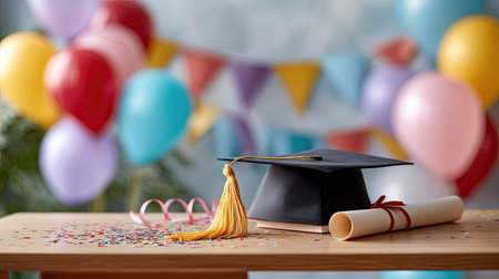 A graduation cap with tassel and a rolled-up diploma, placed on a desk with a colorful, celebratory background of balloons and bannersの素材