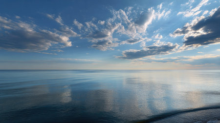 A panoramic shot of the horizon where the sea and sky blend into each other, with calm waters reflecting the gentle skyの素材