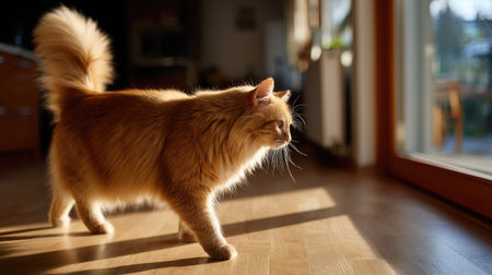 A long-haired cat with exceptionally soft fur strolling through a sunlit room, its tail gently swayingの素材