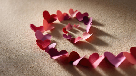 A spiral of paper hearts in various pink tones on a parchment-style background, showing movement and creativityの素材