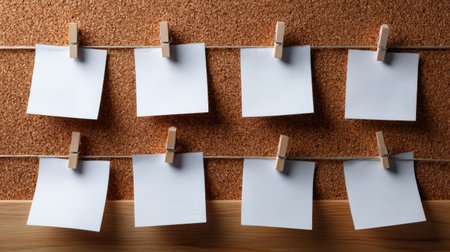 A series of blank white paper notes neatly pinned to a cork board in a grid layout, ready for ideas or remindersの素材