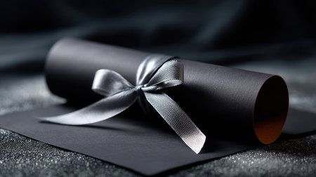 A graduation cap with a rolled diploma tied with a ribbon, placed on a dark background with soft lighting to create a dramatic, elegant shotの素材