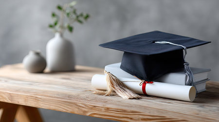 A neatly arranged graduation cap and rolled diploma, placed on a wooden desk with a simple, elegant background perfect for a graduation announcementの素材