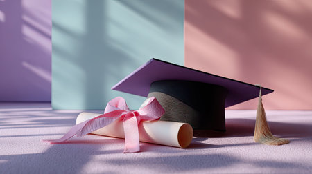 A graduation cap with a diploma tied with ribbon, set against a pastel-colored background, evoking a light and celebratory moodの素材