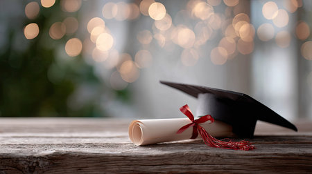 A graduation cap and diploma rolled up, placed on a wooden surface with a soft bokeh background, creating a celebratory atmosphereの素材