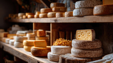 A rustic cheese shop with shelves filled with different kinds of cheese, from soft and creamy to firm and aged, creating a mouth-watering displayの素材