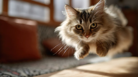 A playful long-haired cat with soft fur jumping around, creating an adorable scene of movement and funの素材