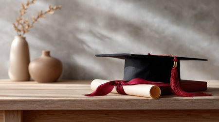 A neatly arranged graduation cap and rolled diploma, placed on a wooden desk with a simple, elegant background perfect for a graduation announcementの素材