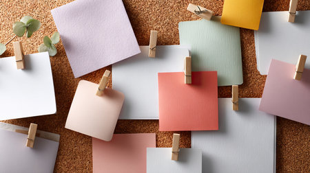 A mix of blank white and pastel notes pinned to cork board in a collage-style arrangementの素材