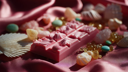 A playful pink angel hair chocolate bar with candies, surrounded by vibrant decorative elements and soft lightingの素材