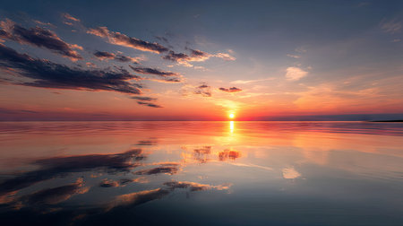 A peaceful orange sunset over the calm sea, with the warm colors of the sky reflected on the water's surface, creating a serene sceneの素材