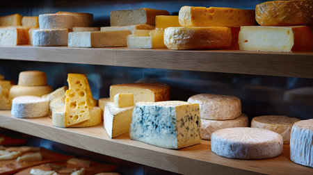 A variety of cheeses neatly arranged on wooden shelves, offering everything from creamy Brie to bold blue cheese in a gourmet shopの素材