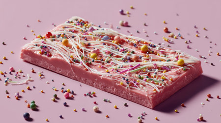 A pink chocolate bar with angel hair strands and multicolored candy pieces, captured on a clean white backgroundの素材