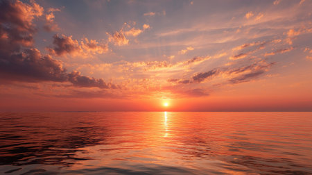 A peaceful orange sunset over the calm sea, with the warm colors of the sky reflected on the water's surface, creating a serene sceneの素材