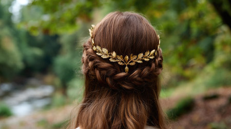 Back view of a golden laurel wreath headband in a braided hairstyle, showing subtle regal detailの素材
