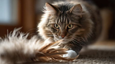 A long-haired cat with ultra-soft fur playfully chasing a feather toy, looking full of energy and joyの素材