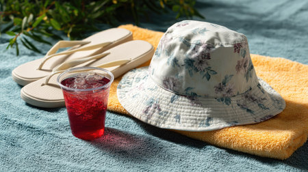 A summer bucket hat with floral print tossed on a towel beside a cool drink and flip-flopsの素材