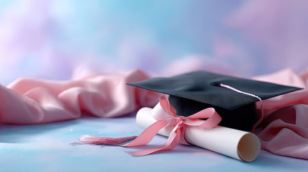 A graduation cap with a diploma tied with ribbon, set against a pastel-colored background, evoking a light and celebratory moodの素材