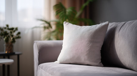 A soft, comfortable pillow on a stylish sofa, creating a relaxed and inviting atmosphere in a minimalist living roomの素材