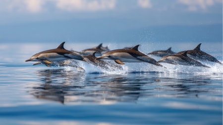 A pod of striped dolphins jumping in unison, captured mid-air over calm ocean watersの素材
