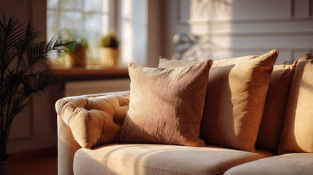 A plush pillow on a beige sofa in a stylish living room, empty yet inviting with warm, natural lightingの素材