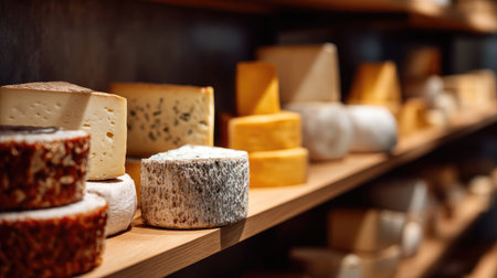 A row of artisanal cheeses of different shapes and sizes on wooden shelves, their rich textures and colors creating an inviting displayの素材