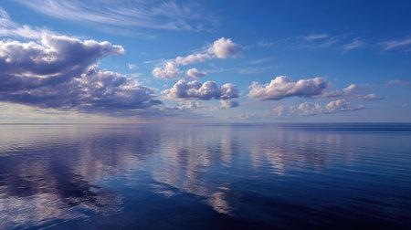 A panoramic shot of the horizon where the sea and sky blend into each other, with calm waters reflecting the gentle skyの素材