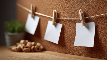 A teacher's cork board with blank paper pinned up, ready for classroom activities or noticesの素材