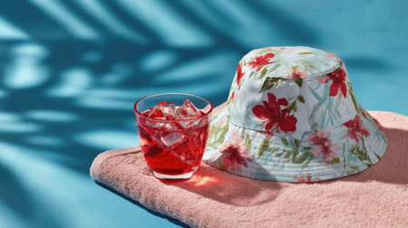 A summer bucket hat with floral print tossed on a towel beside a cool drink and flip-flopsの素材