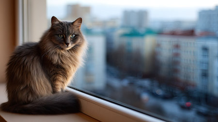 A long-haired cat with beautifully soft fur sitting gracefully on a windowsill, gazing out over the cityの素材