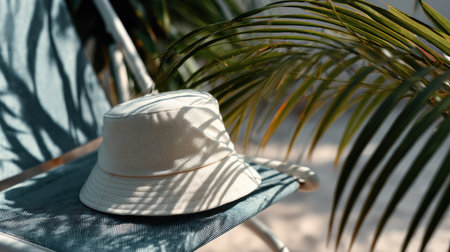 A trendy bucket hat resting on a tropical beach chair, palm leaves casting shadows over itの素材