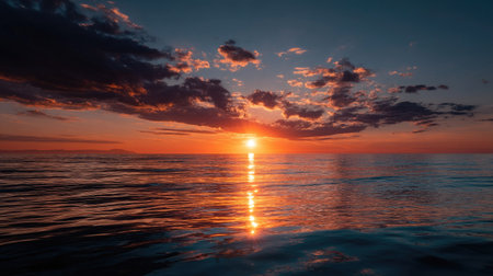 A stunning orange sunset over the sea, with the sun sinking below the horizon, casting brilliant reflections on the waterの素材
