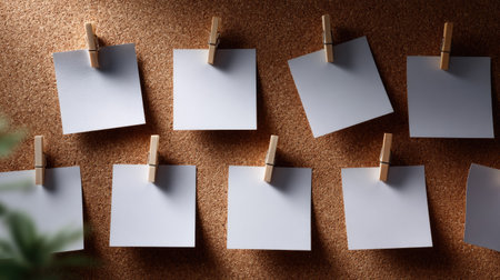 A series of blank white paper notes neatly pinned to a cork board in a grid layout, ready for ideas or remindersの素材