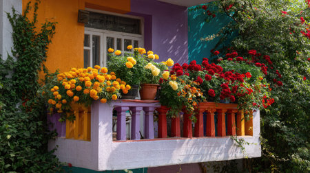 Balcony filled with marigolds, roses, and daisies in colorful pots outside a vibrant painted houseの素材