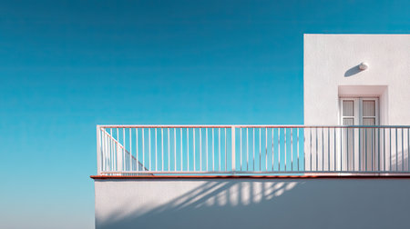 Balcony railing of a white building catching the morning sun with empty blue sky overheadの素材
