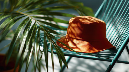 A trendy bucket hat resting on a tropical beach chair, palm leaves casting shadows over itの素材