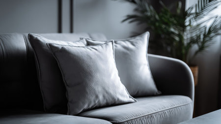 A soft, comfortable pillow on a stylish sofa, creating a relaxed and inviting atmosphere in a minimalist living roomの素材