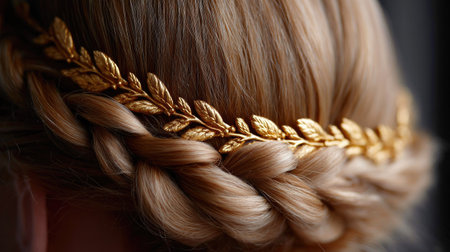Back view of a golden laurel wreath headband in a braided hairstyle, showing subtle regal detailの素材