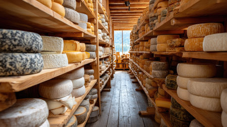A rustic cheese shop filled with wooden shelves stacked high with cheese varieties, including semi-soft, aged, and hard cheesesの素材